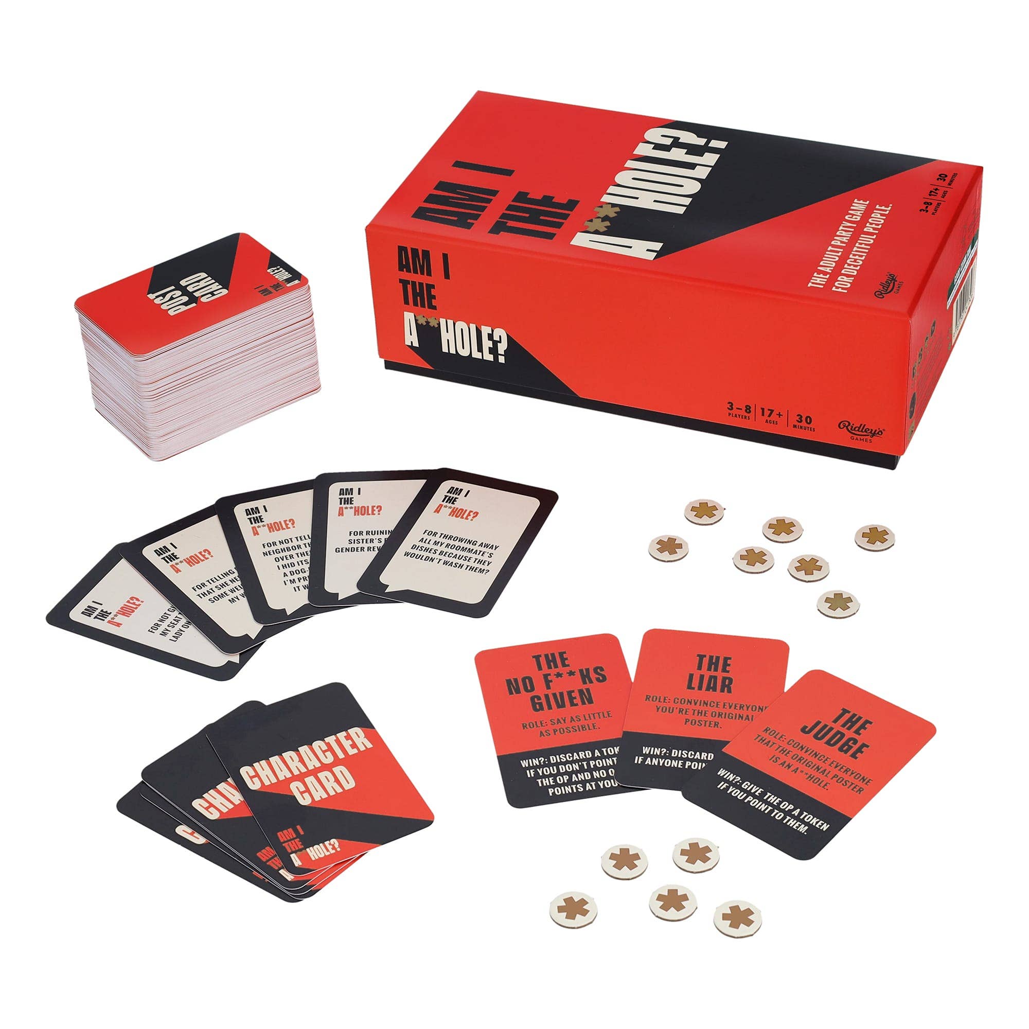 Am I The A**hole? party game with cards, tokens, and box shown.