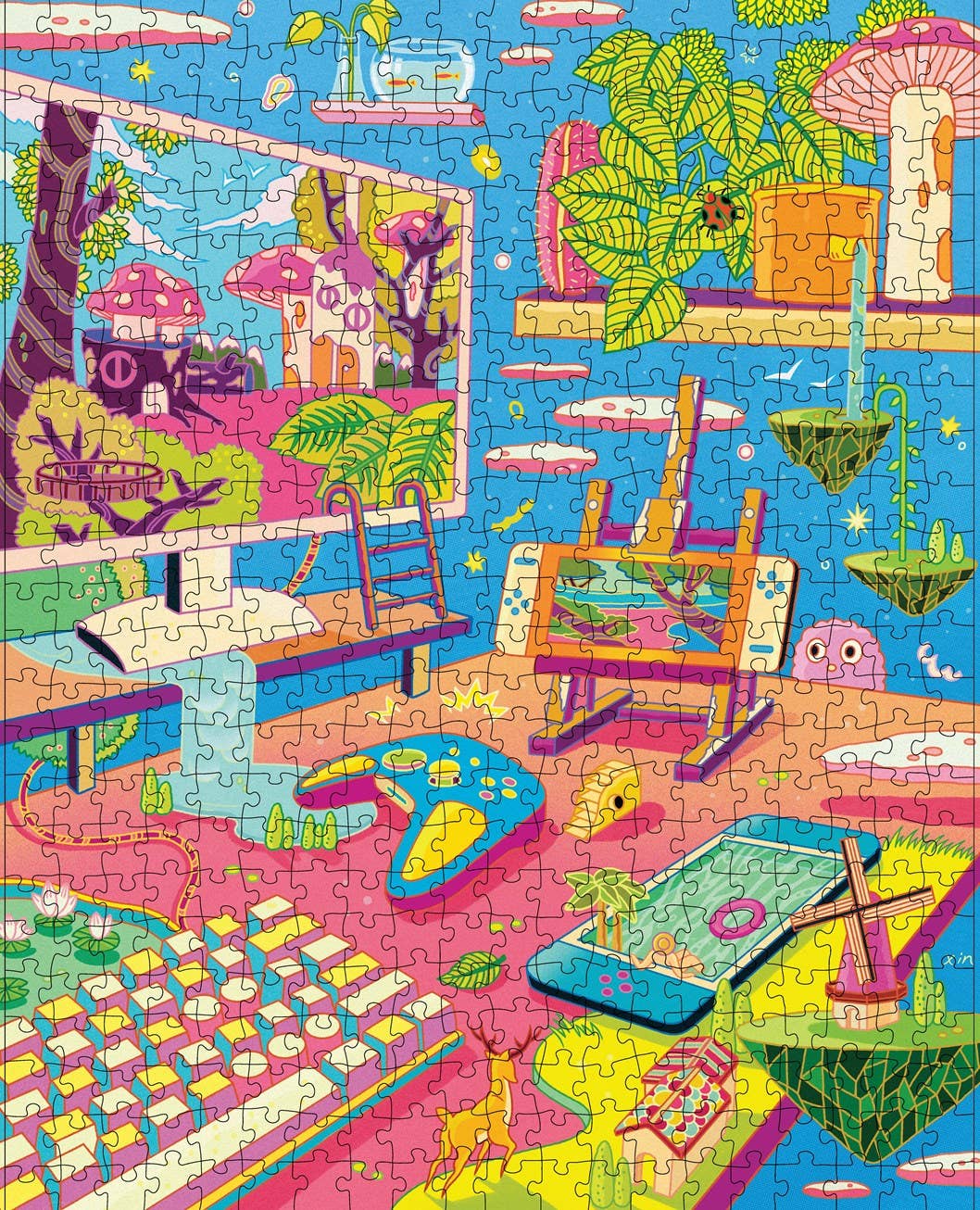 Cozy Gamer 500-piece puzzle featuring a cartoon office with plants and an easel.