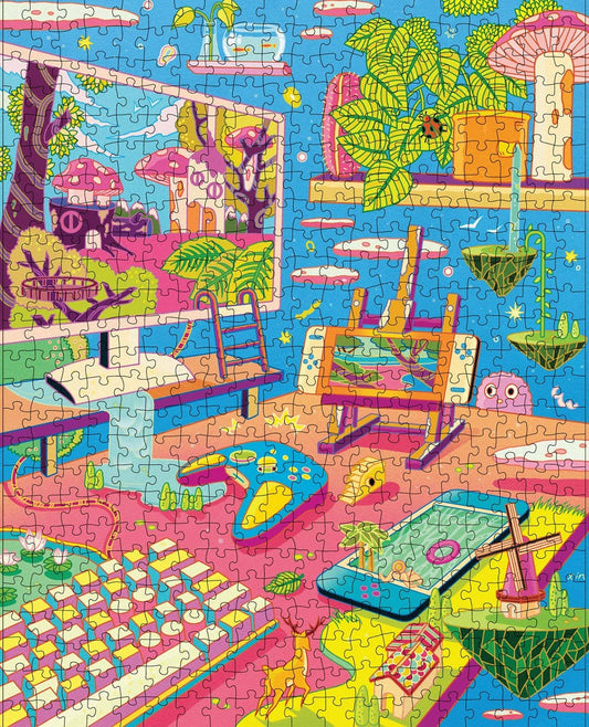 Cozy Gamer 500-piece puzzle featuring a cartoon office with plants and an easel.