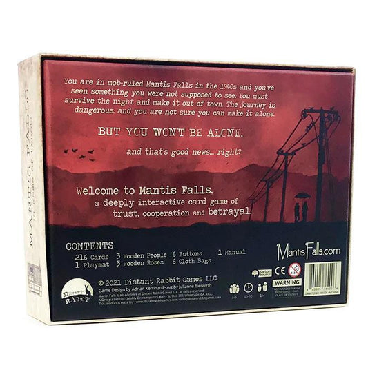 Back of Mantis Falls board game box showing game details.