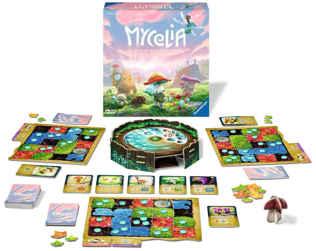 Mycelia board game with game boards, cards, and tokens for deck-building gameplay.