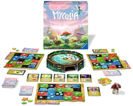 Mycelia board game with game boards, cards, and tokens for deck-building gameplay.