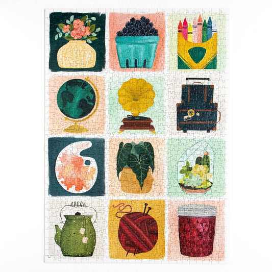 The Simple Joys Puzzle, 1,000 piece jigsaw puzzle with hand-painted illustrations on each piece.