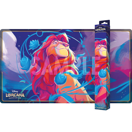 Lorcana Fabled Playmat: Mufasa variant with blue swirls, shown beside its matching game card box.