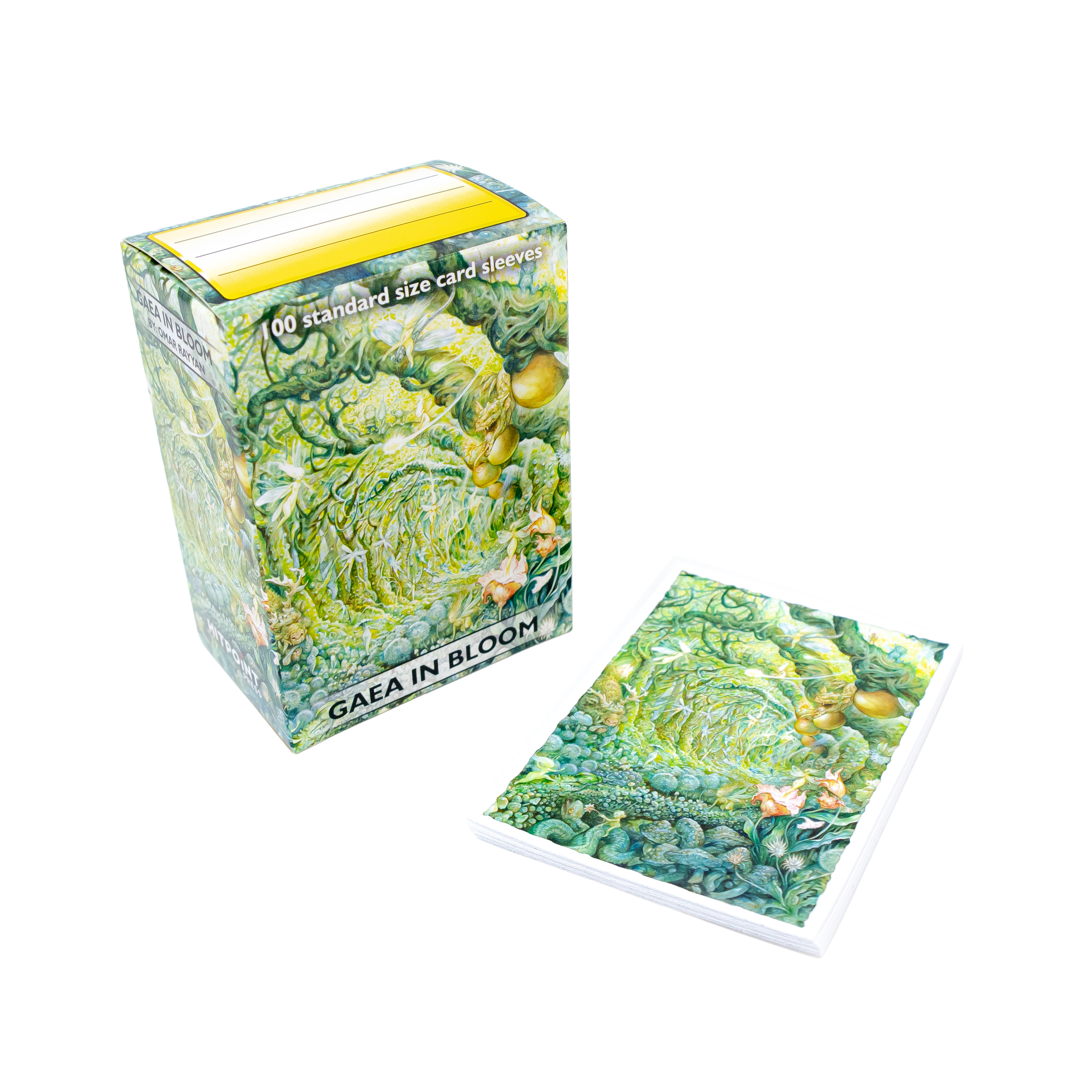 Dragon Shield Matte Sleeves box, Gaea In Bloom variant by Omar Rayyan, with green fantasy forest design.