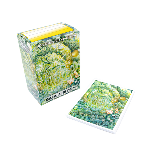 Dragon Shield Matte Sleeves box, Gaea In Bloom variant by Omar Rayyan, with green fantasy forest design.