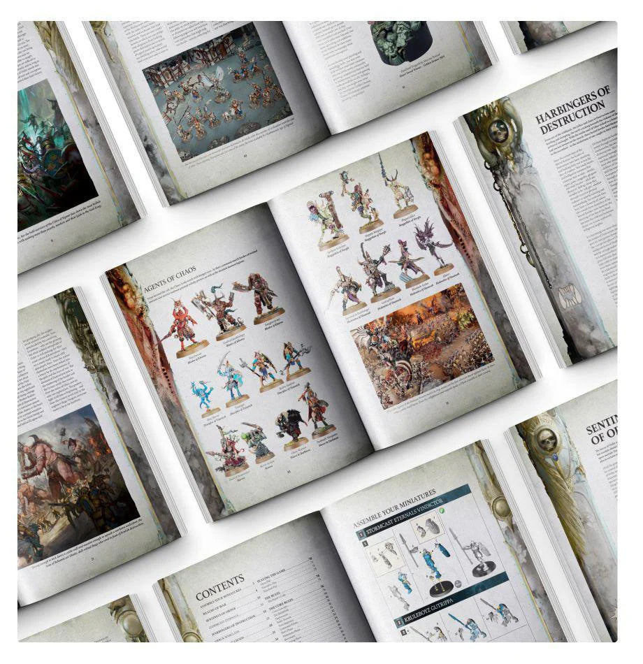 Getting Started with Age of Sigmar tabletop game books open to pages with art and information displayed in a grid.