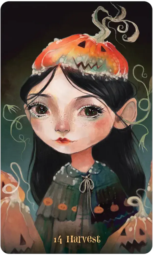 Wisdom of the Wild Things Oracle card, 14 Harvest Festival, featuring a girl in a pumpkin hat with jack-o-lanterns.