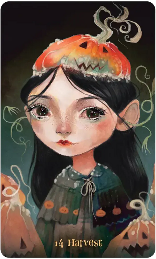 Wisdom of the Wild Things Oracle card, 14 Harvest Festival, featuring a girl in a pumpkin hat with jack-o-lanterns.