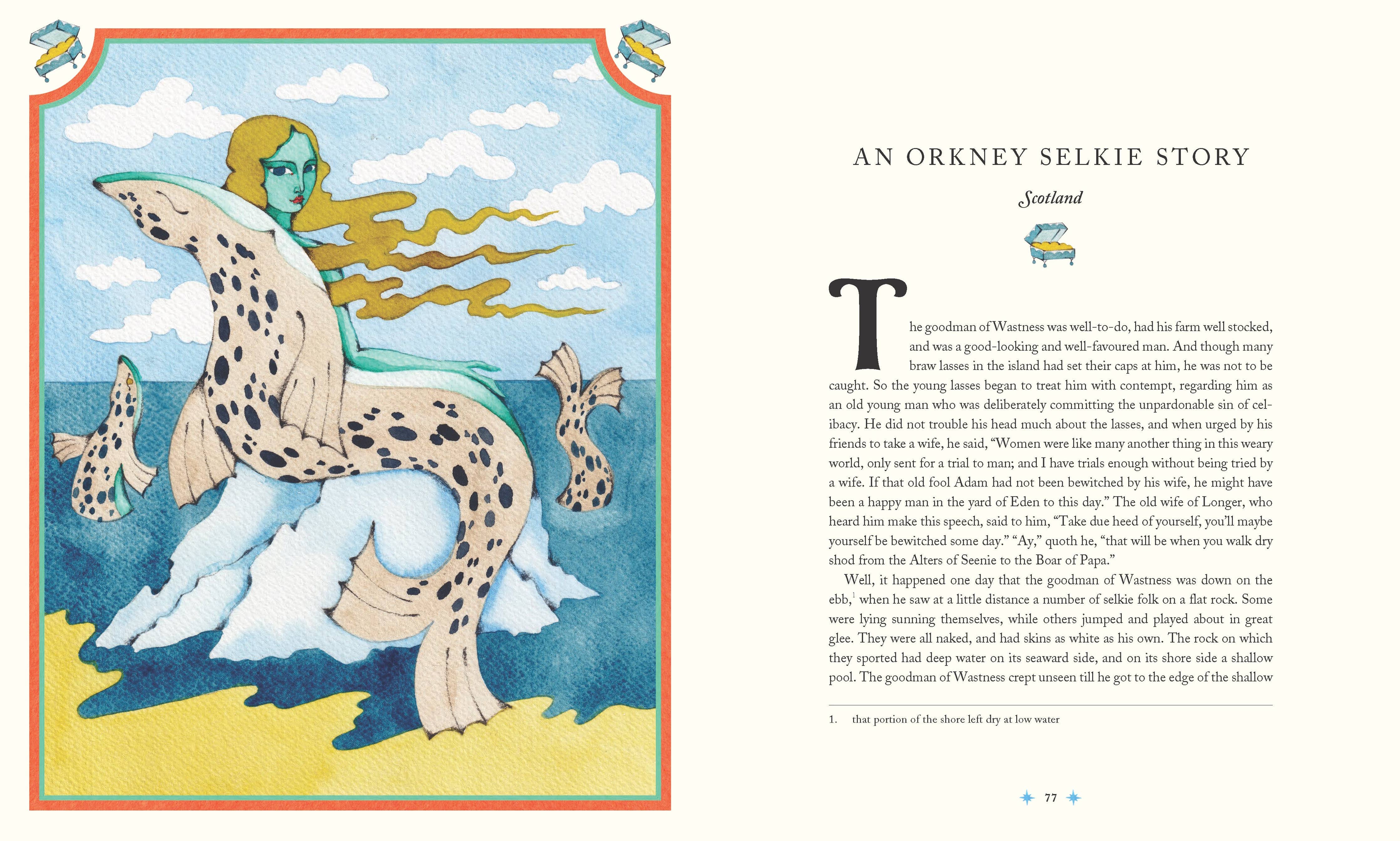 Selkie with green hair holding seal skin on a rock; waves and sky in background; Tales of the Fae-inspired.