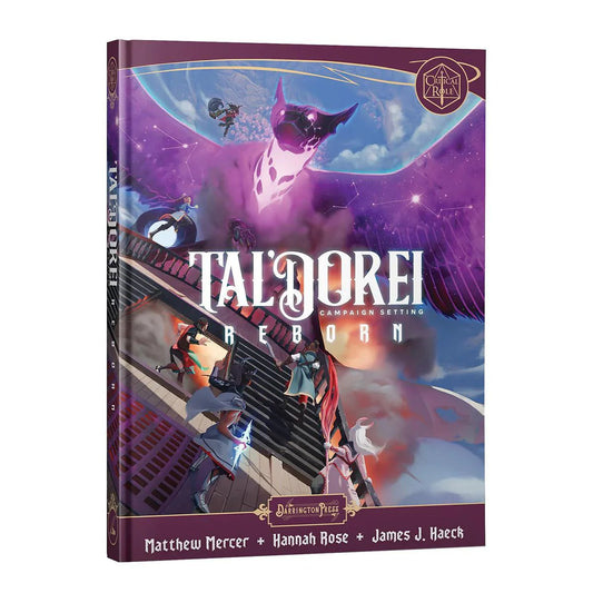 TalDorei Campaign Setting Reborn for Critical Role book cover showing fantasy characters and a large purple bird in the sky.