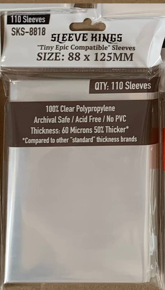 Sleeve Kings Tiny Epic Sleeves, pack of 110, size 88x125mm, 60 microns thick, archival-safe.