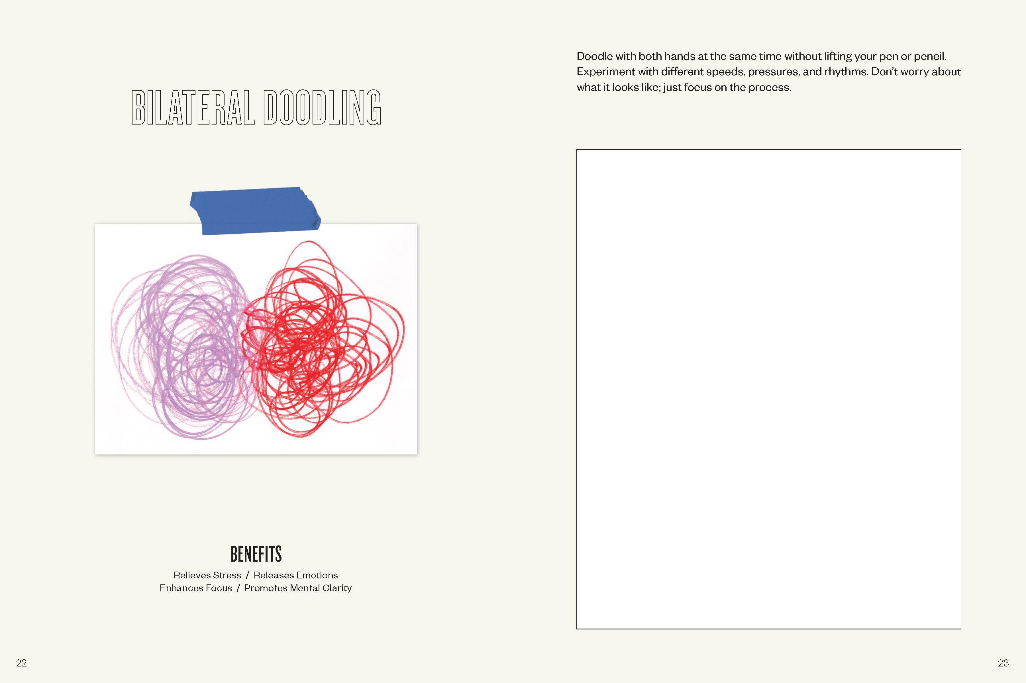 Daily Creative“ product with text about five-minute practices and two taped doodle illustrations, purple and red.