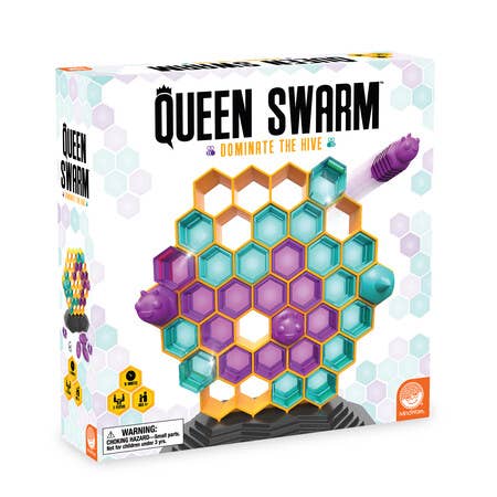 Queen Swarm board game with honeycomb grid, colorful pieces, and bee graphics on a white background.