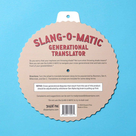 Slang-o-Matic Generational Translator with slang wheel chart and included directions.