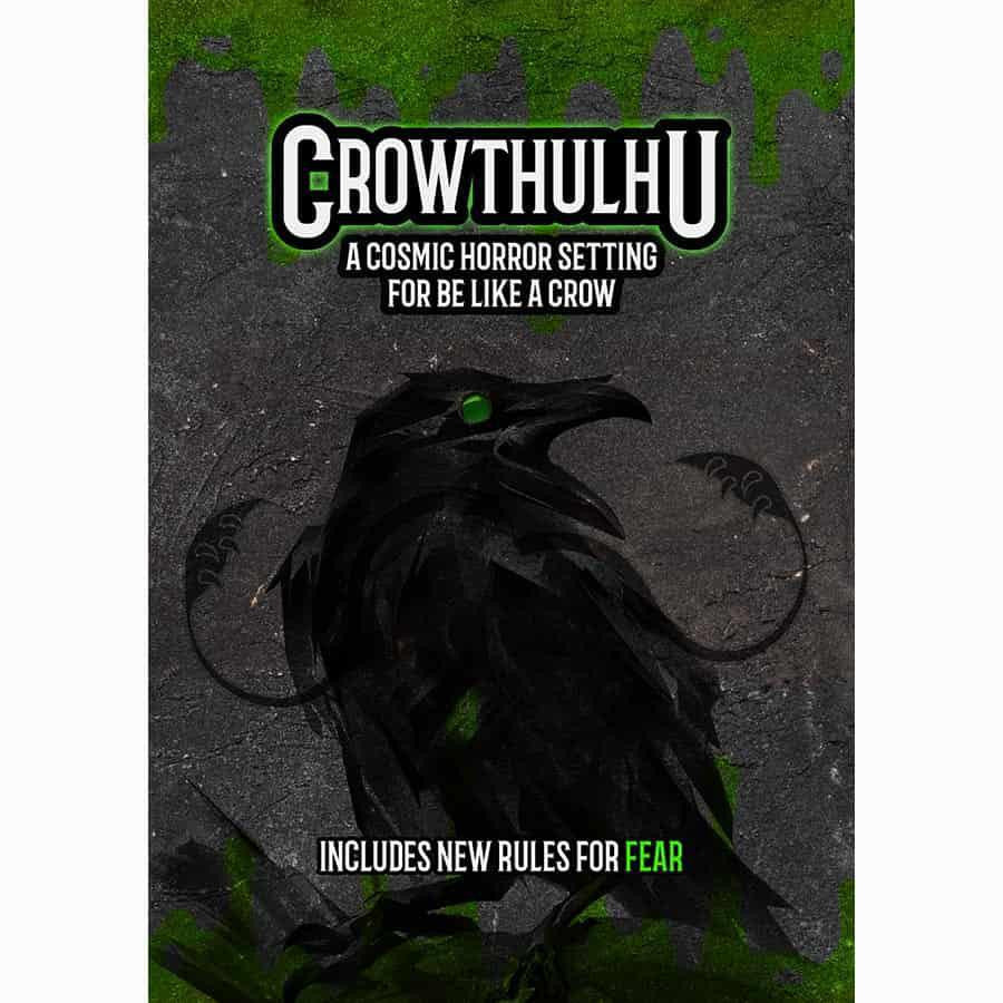 Crowthulhu product featuring a black crow with glowing green eyes, green accents, and Lovecraftian horror-themed text.