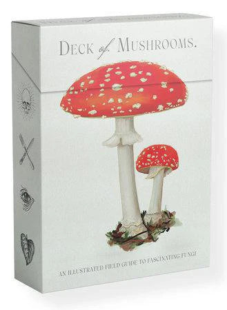 Box labeled The Deck of Mushrooms, an illustrated field guide to fungi.