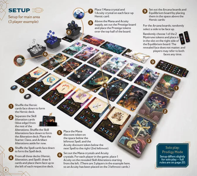 Mercurial spellcrafting game components: cards, crystals, boards, tokens, and setup instructions shown from above.
