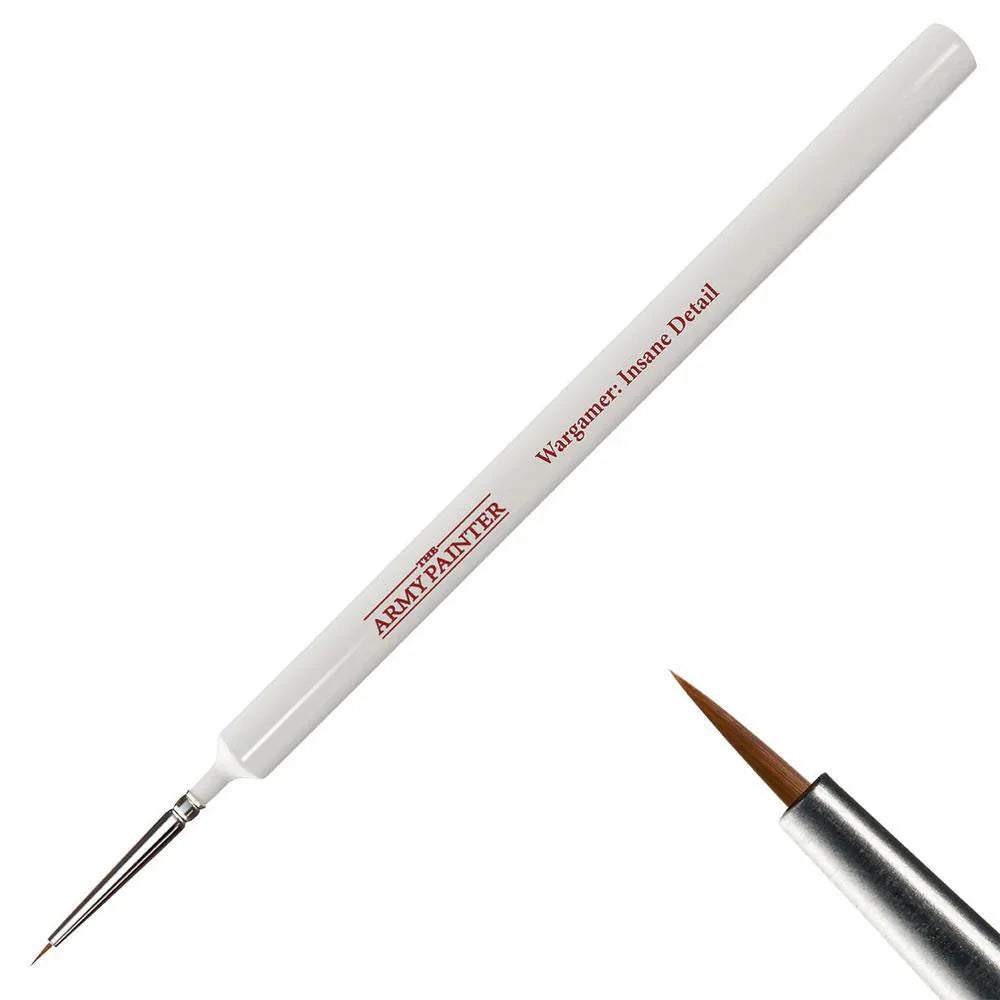 Wargamer Brush - Insane Detail by ARMY PAINTER, white fine-tipped paintbrush shown close up.