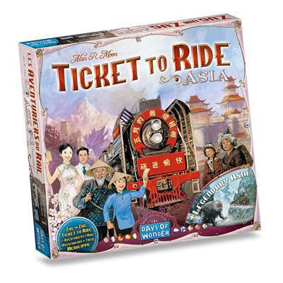 Ticket to Ride: Asia Map Collection 1 box featuring a red train, Asian landmarks, and mountains.