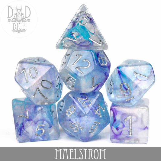 Maelstrom 7-dice set, marbled blue, purple, and white with silver numbers, stacked in a pyramid.