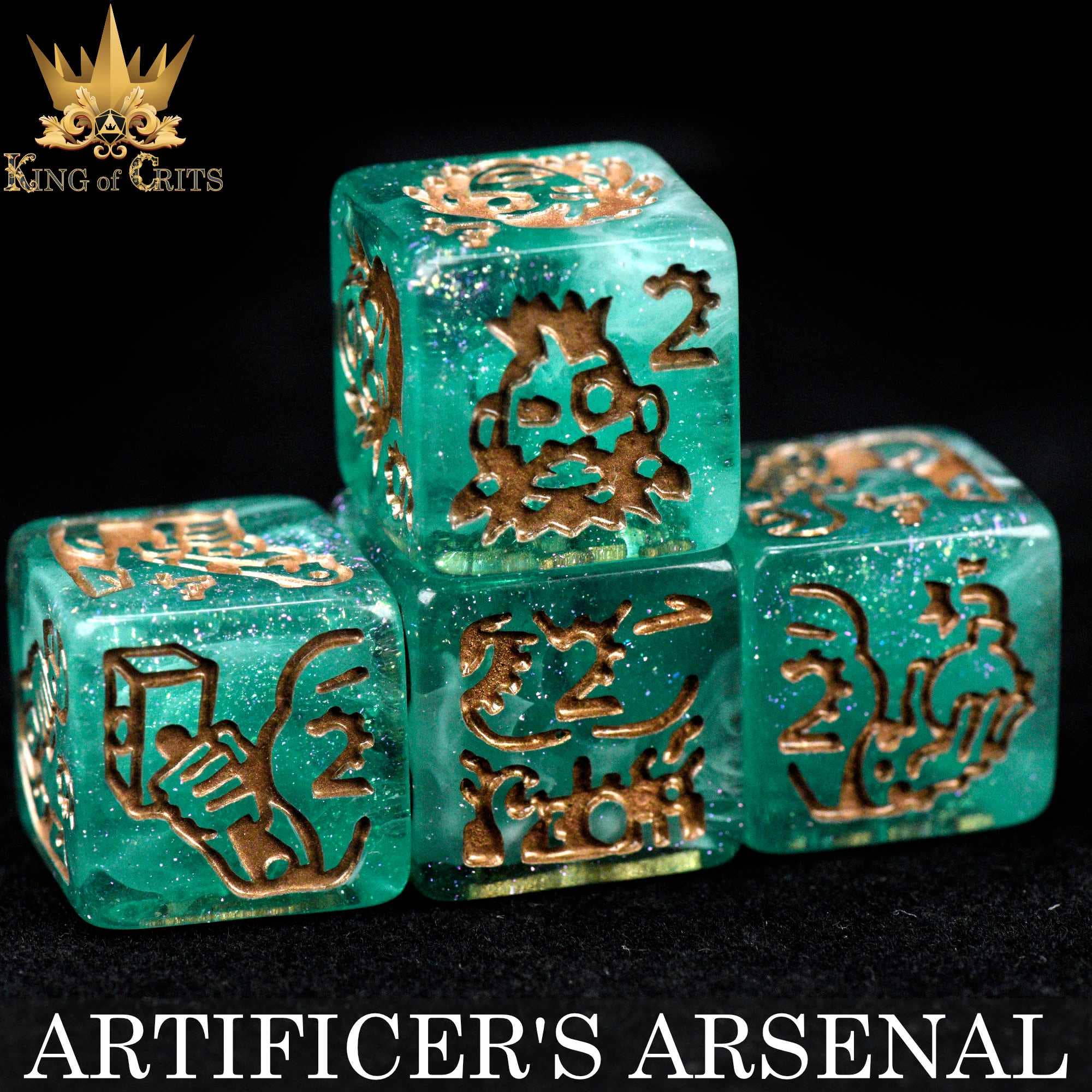 Artificers Arsenal 11-piece dice set, teal with gold engravings and fantasy symbols, for DND.