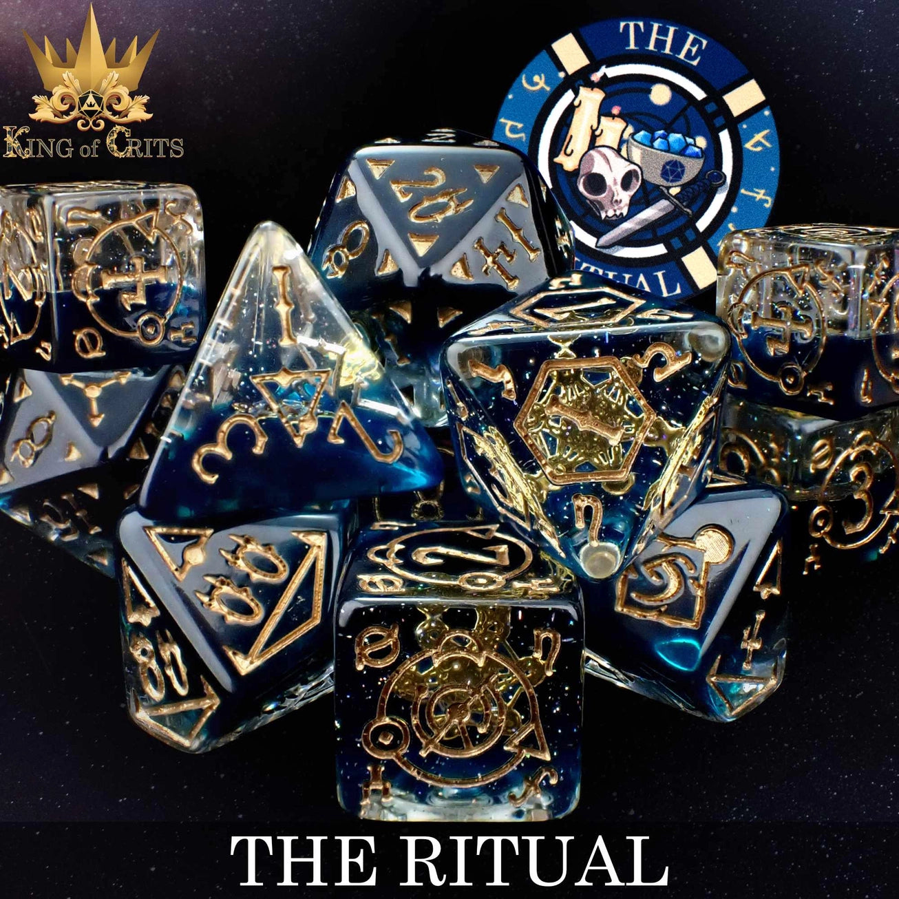 The Ritual 11 Dice Set: blue and gold dice with occult symbols, poker chip marked “THE RITUAL,” King of Crits logo.
