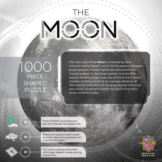 The Moon - 1000 Piece Round Puzzle with detailed lunar image and key features on a moon-shaped box.