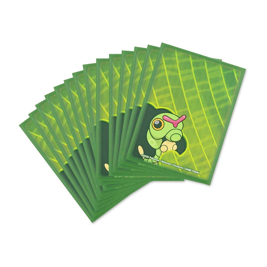 Caterpie Munch Time Card Sleeves, pack of 65, matte finish, cartoon caterpillar and green leaf design.