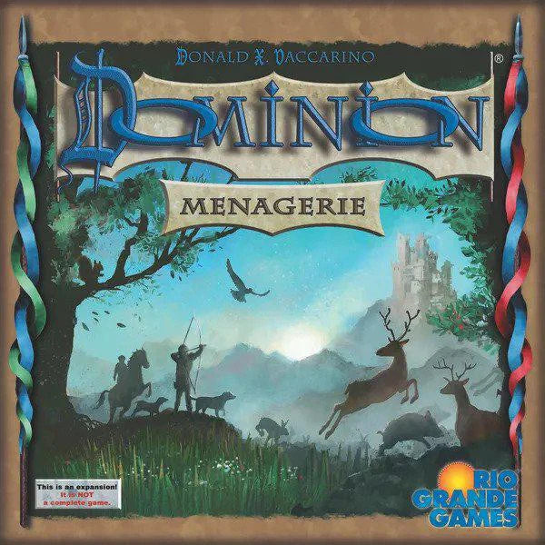 Dominion: Menagerie game expansion box with animal and people silhouettes near a castle.