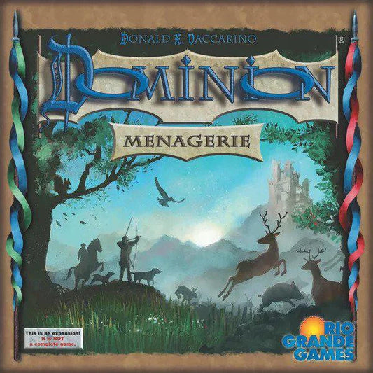 Dominion: Menagerie game expansion box with animal and people silhouettes near a castle.