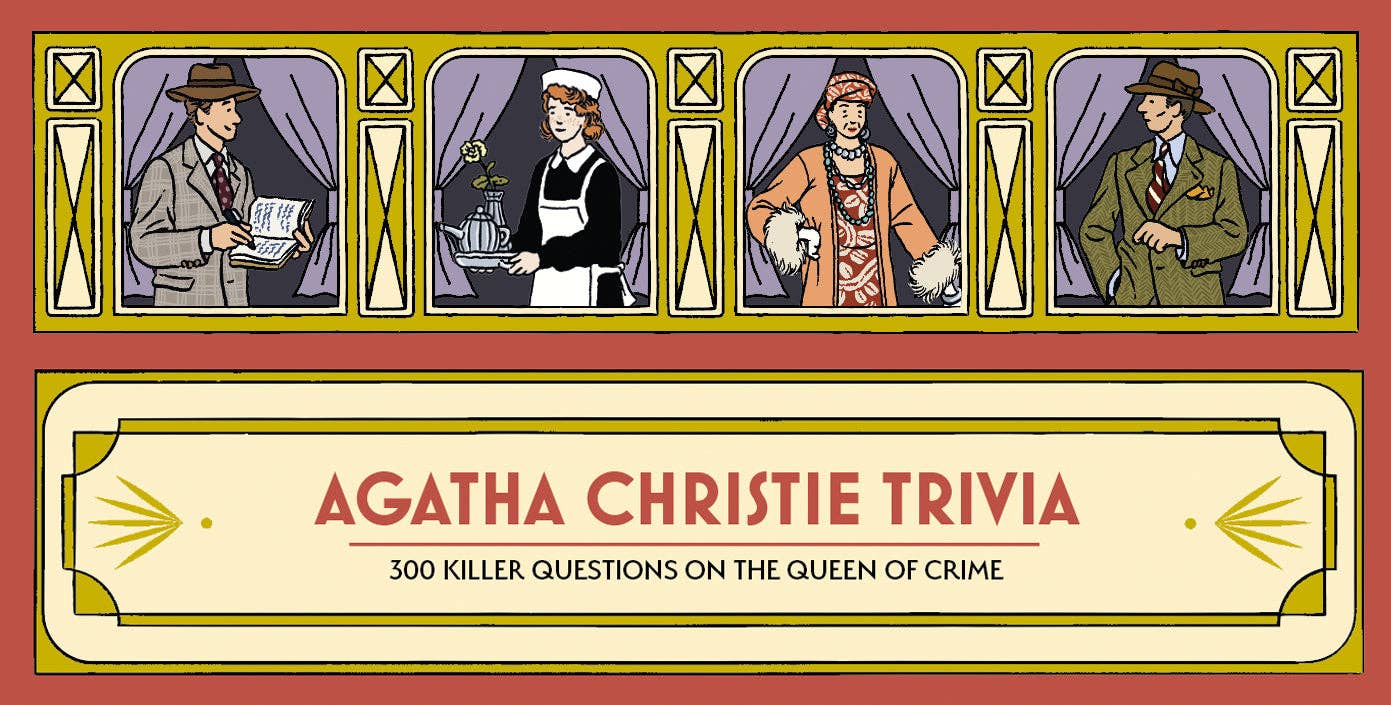 Agatha Christie Trivia game with 300 questions on illustrated cards. Four vintage figures shown on packaging.