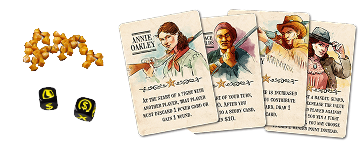 Western Legends game: four cards, yellow tokens, and two black dice on a white surface.