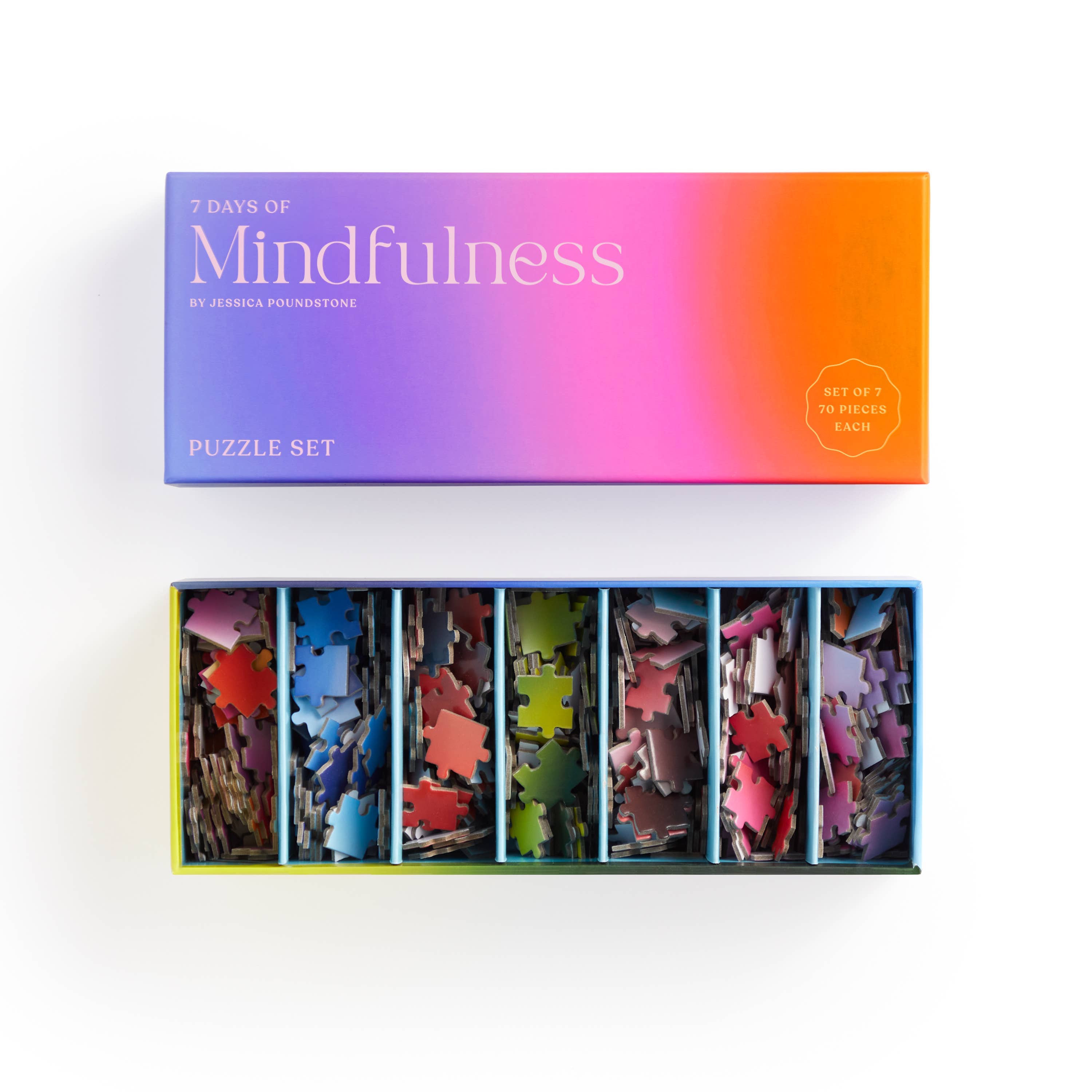 7 Days of Mindfulness Puzzle Set with seven colorful mini puzzles in a box, designed by Jessica Poundstone.