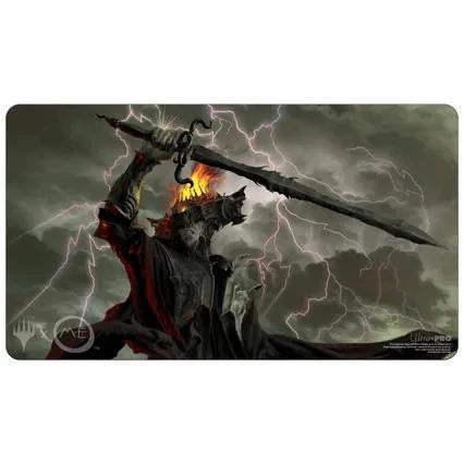 Sauron (LTR) Standard Playmat for Magic the Gathering with a fiery-helmed dark warrior and lightning storm design.