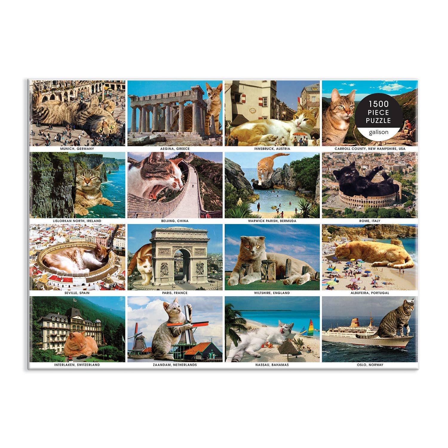 Vacation Cats 1500 Piece Puzzle, large cats on landmarks, 1500 pieces, Galison branding at top right.
