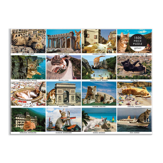 Vacation Cats 1500 Piece Puzzle, large cats on landmarks, 1500 pieces, Galison branding at top right.