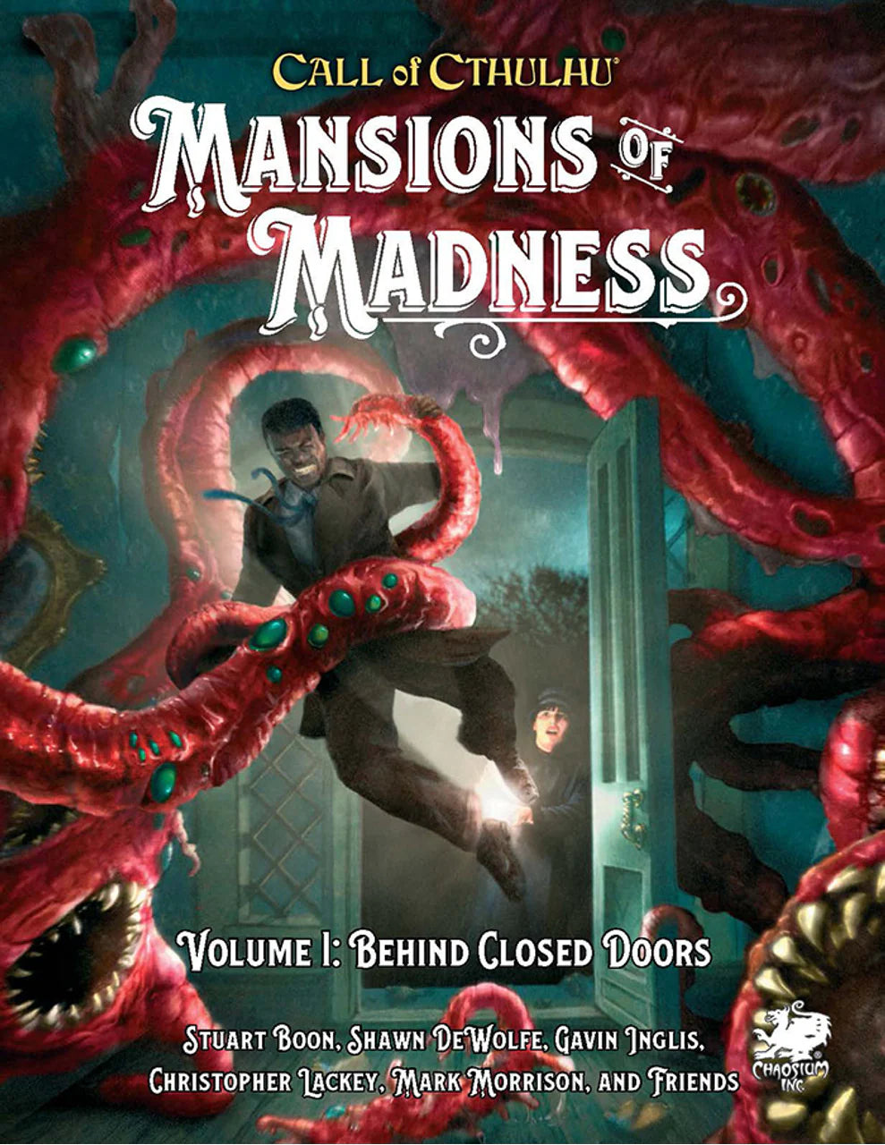 Call of Cthulhu: Mansions of Madness Vol. 1 cover featuring a man fleeing from red tentacles in a dark room.
