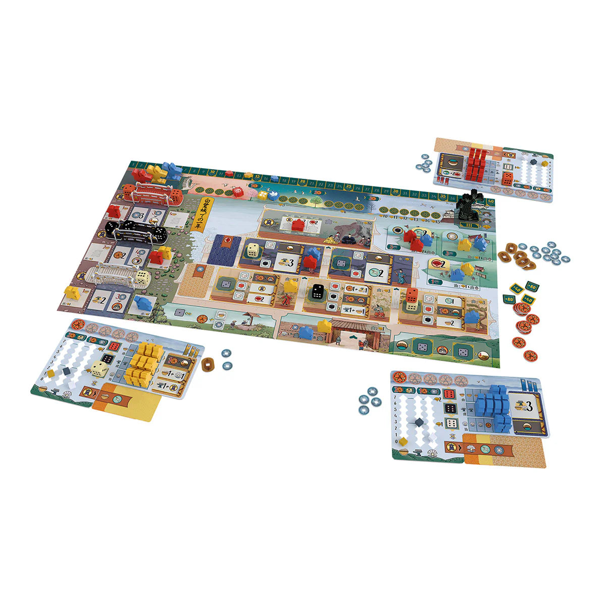 The White Castle board game with player boards, cards, and pieces arranged for play.