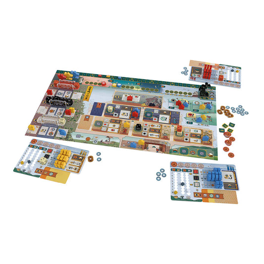 The White Castle board game with player boards, cards, and pieces arranged for play.