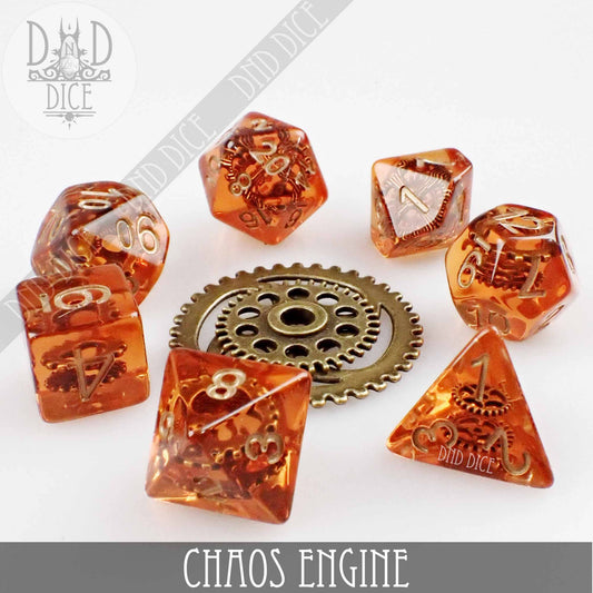 Orange resin DND dice set with gears inside and a central gear motif, Chaos Engine variant.