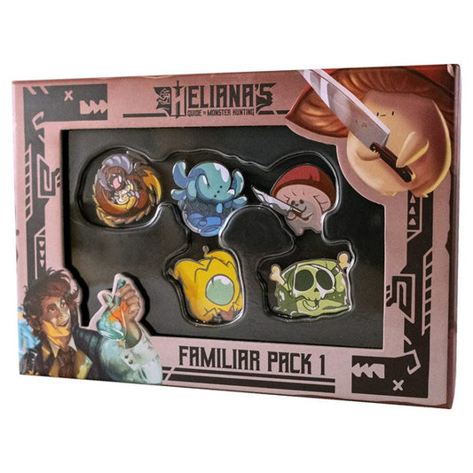 Helianas Guide to Monster Hunting Enamel Pins Pack 1 with five cartoon creature hard enamel pins in a box.