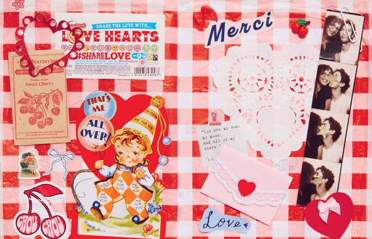 A Year of Junk Journaling kit featuring red plaid collage with candies, hearts, and lace for scrapbooks or journals.