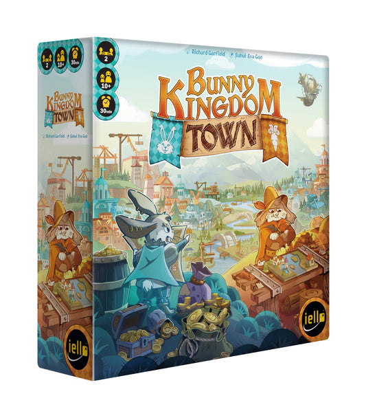 Bunny Kingdom Town board game box by Blue Orange Games, with bunnies in a fantasy setting on the cover.