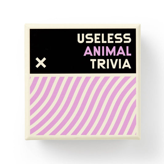 Brass Monkey Useless Animal Trivia game box with pink wavy lines and black section labeled animal trivia game.