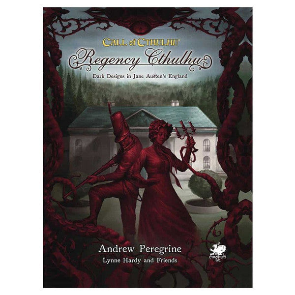 Regency Cthulhu game cover showing a Victorian couple facing tentacles near a manor in Jane Austens England.