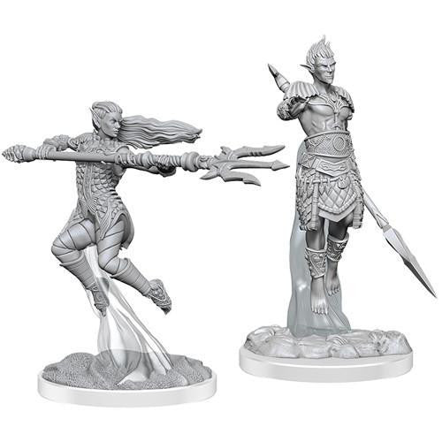 D&D Nolzurs Marvelous Miniatures W20 Sea Elf Fighters, two unpainted miniatures: one with trident, one with spear.