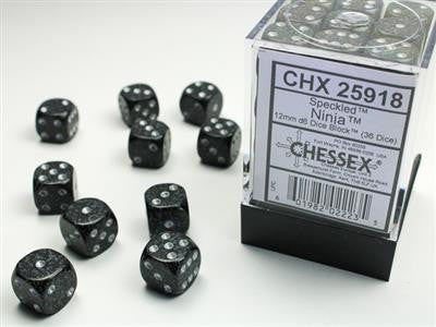 Chessex Speckled 12mm d6 dice (box of 36) with several black and white dice scattered beside the box.