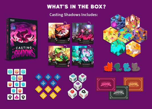 Casting Shadows board game with box, cards, hex tiles, tokens, dice, and item cards arranged for display.