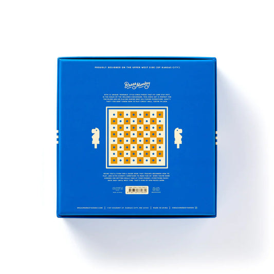 Back of Its Time to Say Yes to Chess Travel Edition with yellow-white dots, text, and two white chess silhouettes.